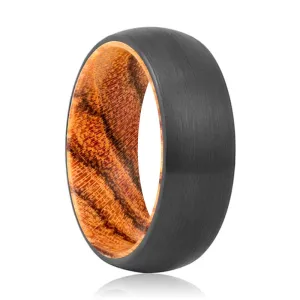 GRAIN | Bocote Wood, Black Tungsten Ring, Brushed, Domed