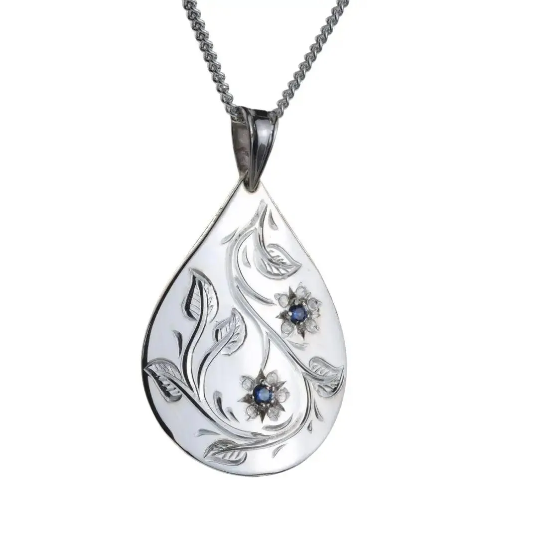 Handmade Sterling Silver Birthstone Engraved Teardrop Necklace