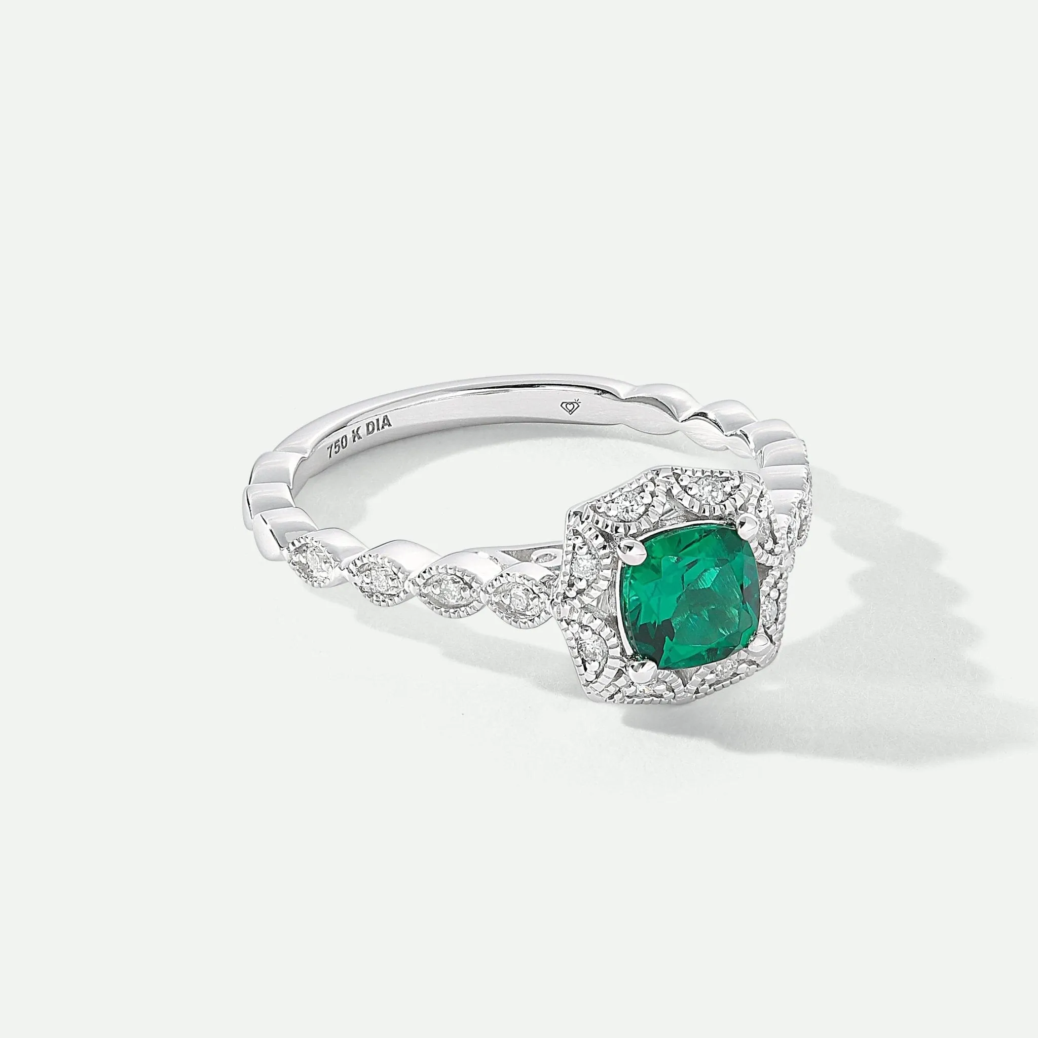 Harlow | 18ct White Gold 0.08ct tw Lab Grown Diamond and Created Emerald Vintage Ring