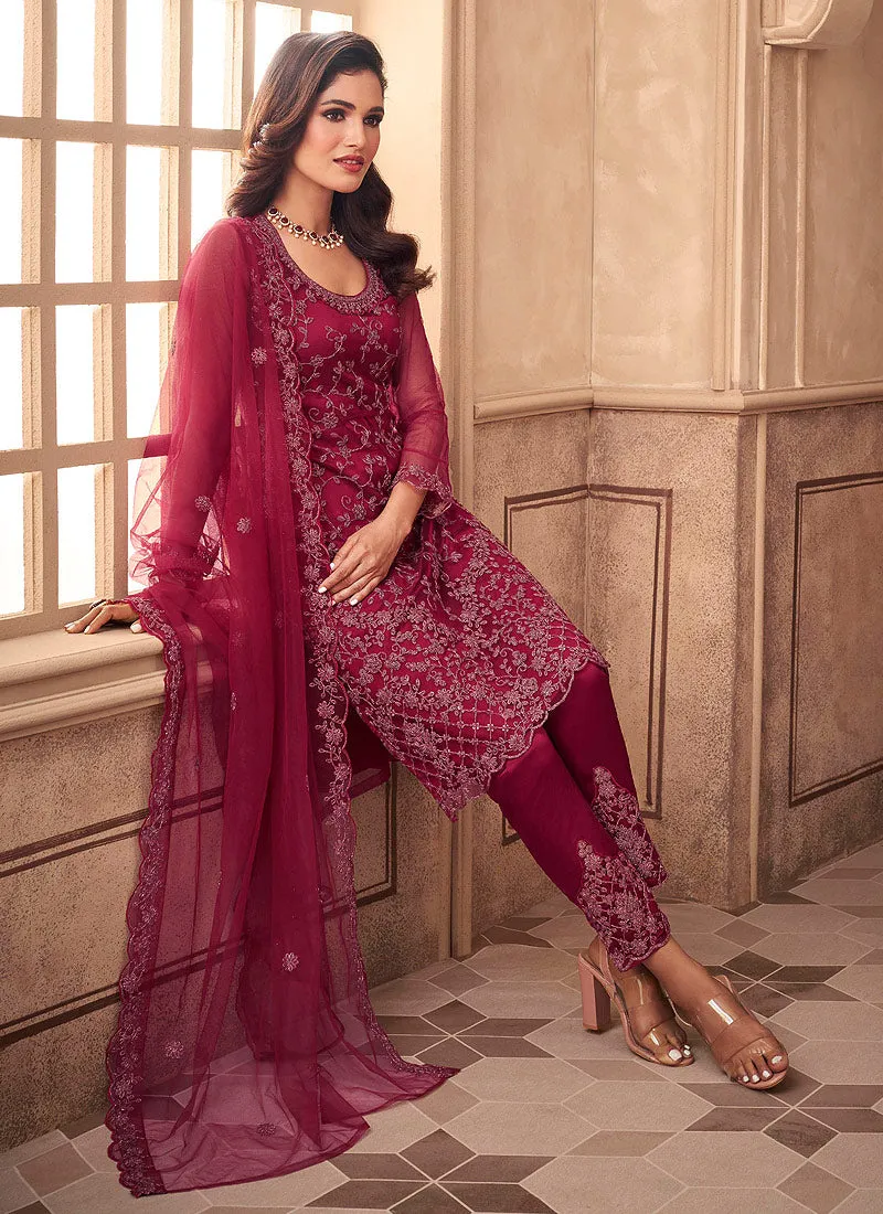 Hot Pink Dori Embroidered Pakistani Pant Style Suit