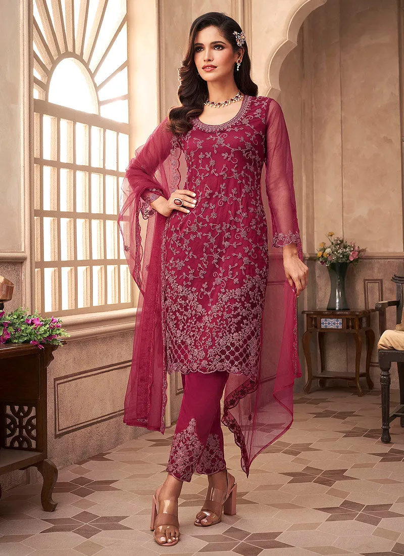 Hot Pink Dori Embroidered Pakistani Pant Style Suit