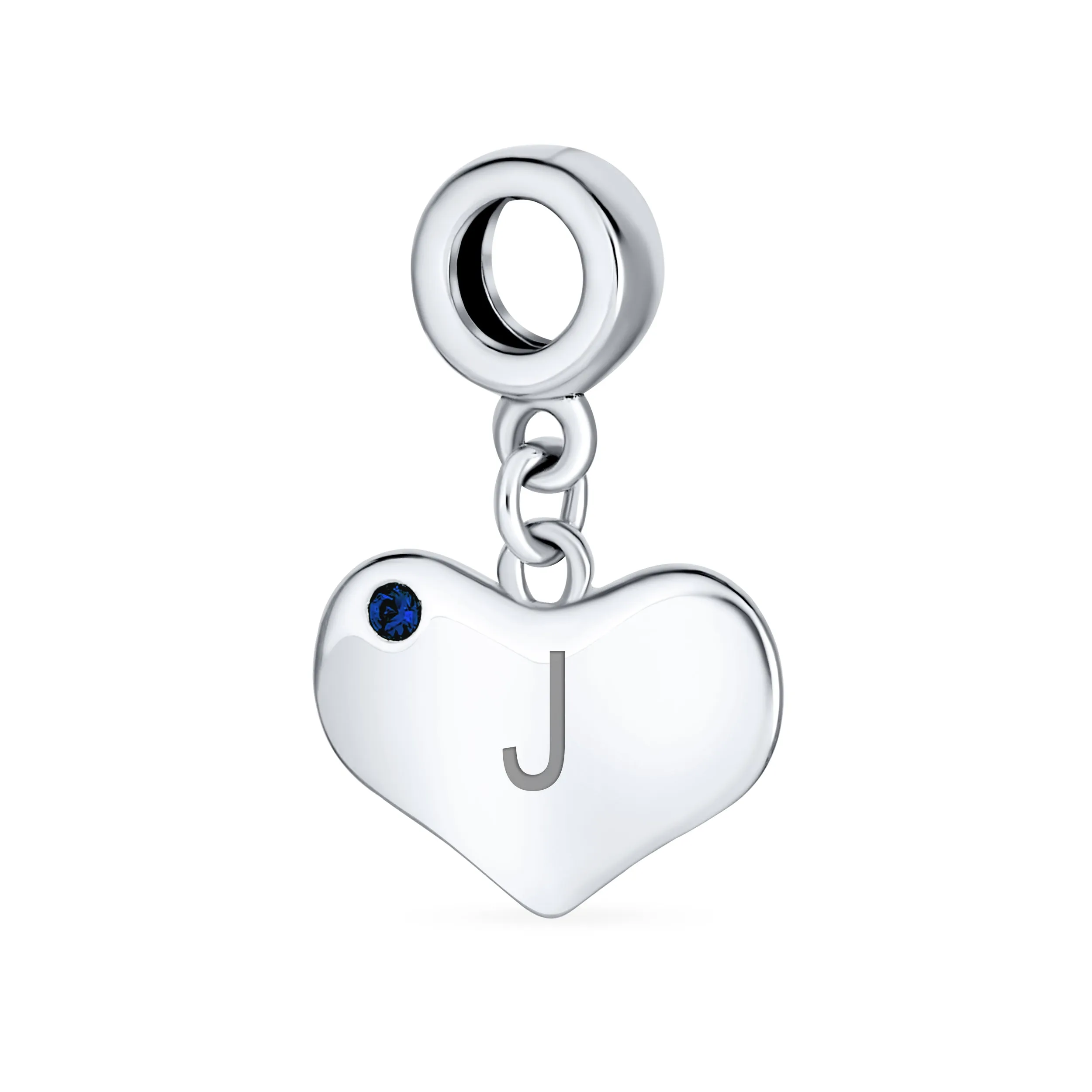 Initial Alphabet Bead Charm Blue Sapphire Heart Dangle for Sterling Silver Bracelet