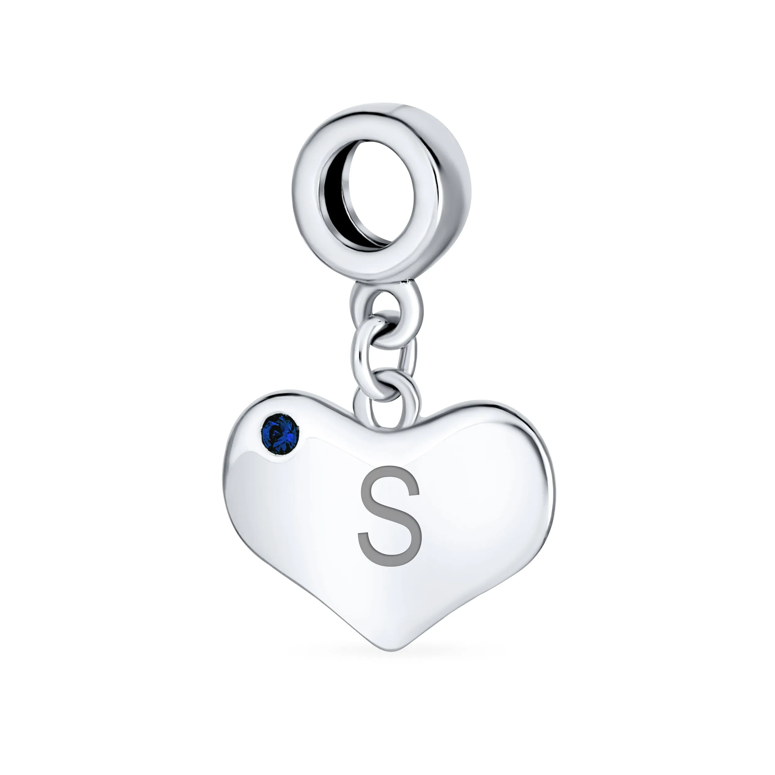 Initial Alphabet Bead Charm Blue Sapphire Heart Dangle for Sterling Silver Bracelet