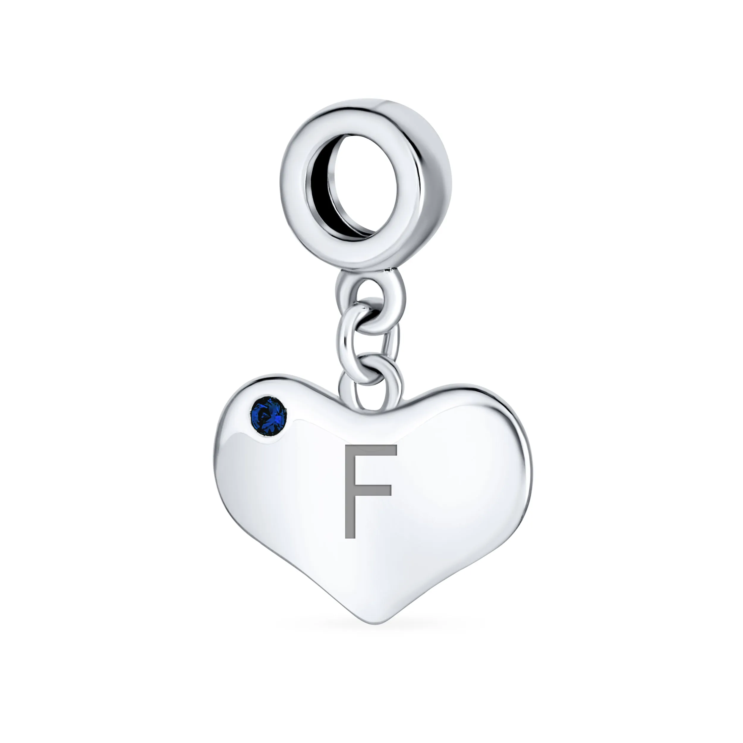 Initial Alphabet Bead Charm Blue Sapphire Heart Dangle for Sterling Silver Bracelet