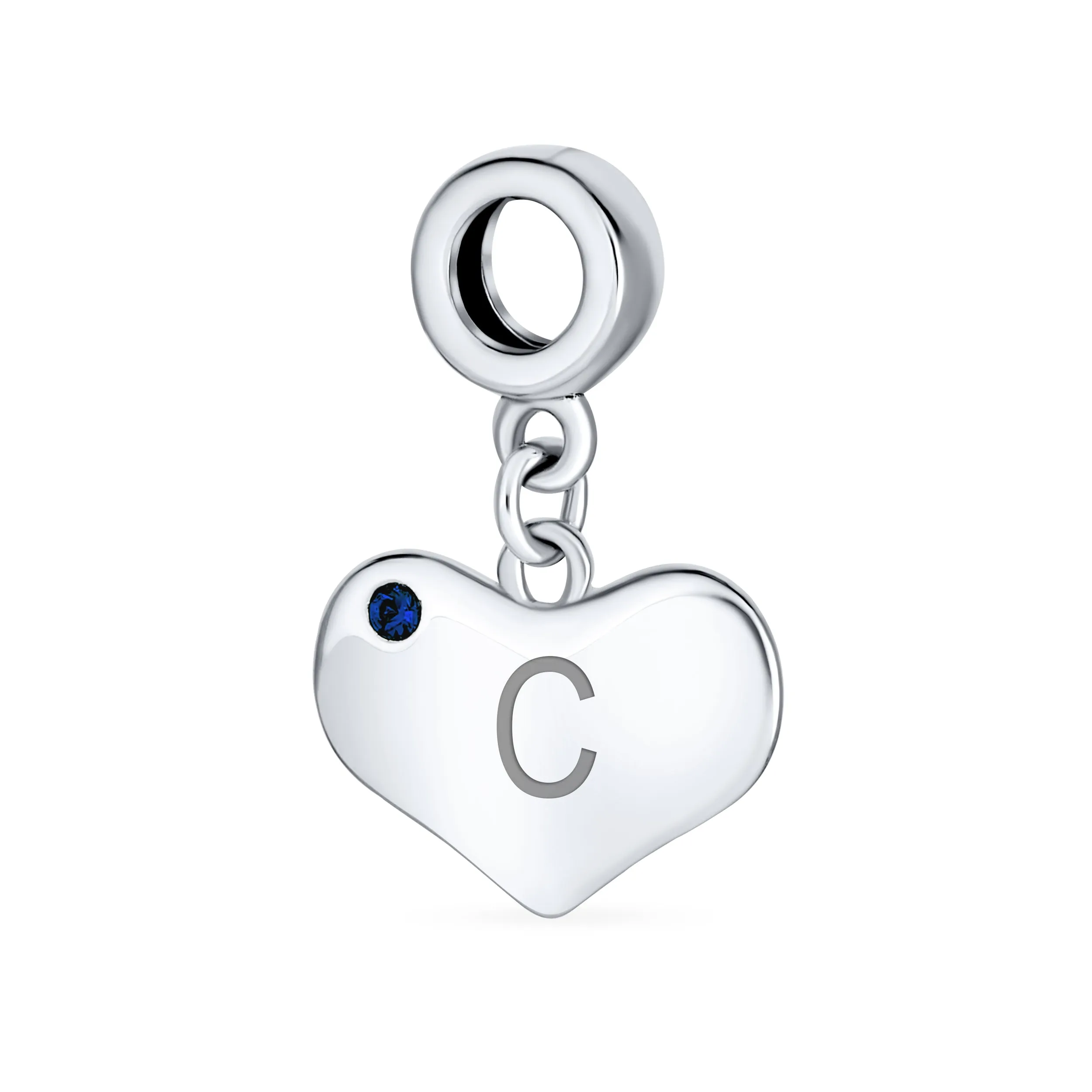 Initial Alphabet Bead Charm Blue Sapphire Heart Dangle for Sterling Silver Bracelet