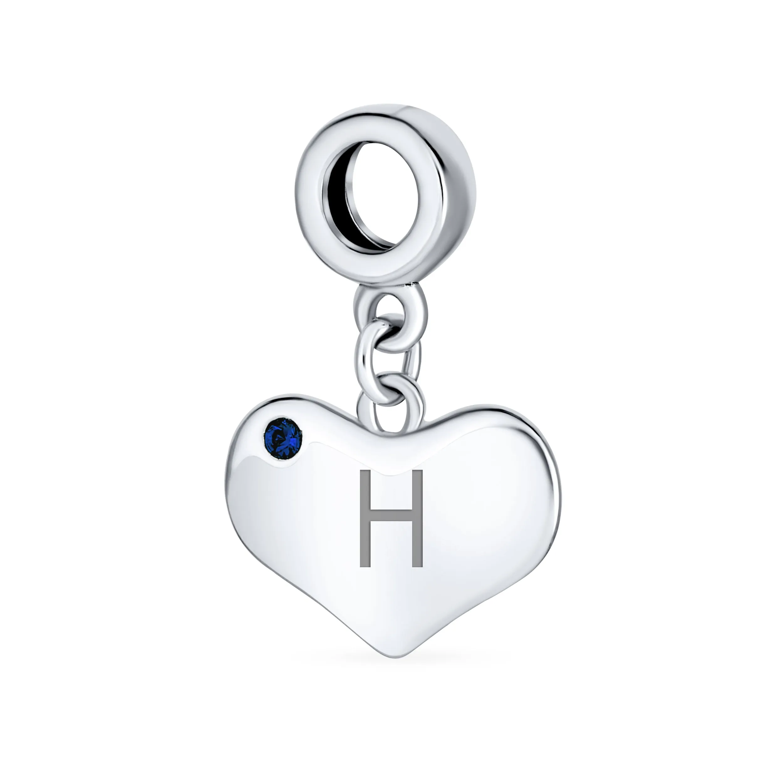 Initial Alphabet Bead Charm Blue Sapphire Heart Dangle for Sterling Silver Bracelet