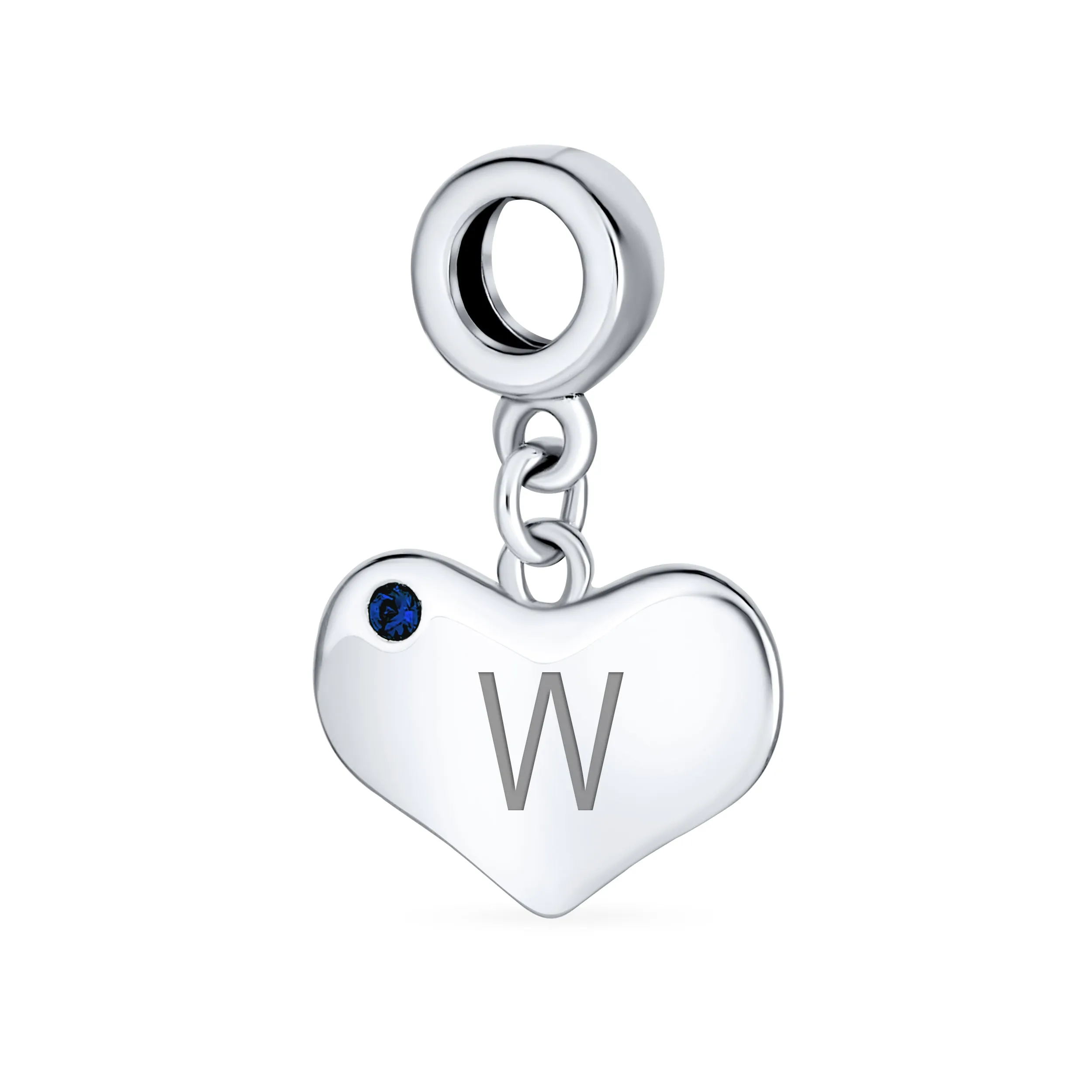 Initial Alphabet Bead Charm Blue Sapphire Heart Dangle for Sterling Silver Bracelet