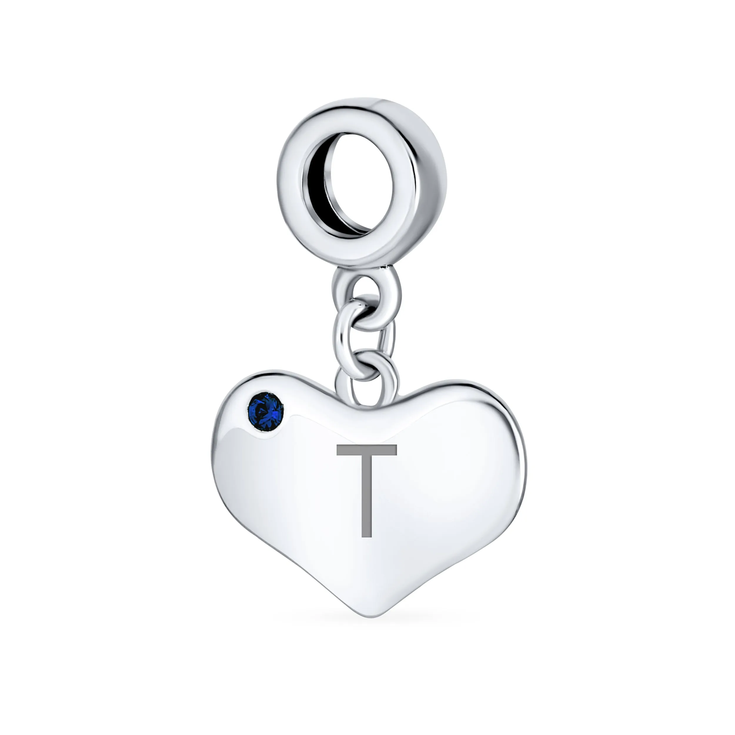 Initial Alphabet Bead Charm Blue Sapphire Heart Dangle for Sterling Silver Bracelet