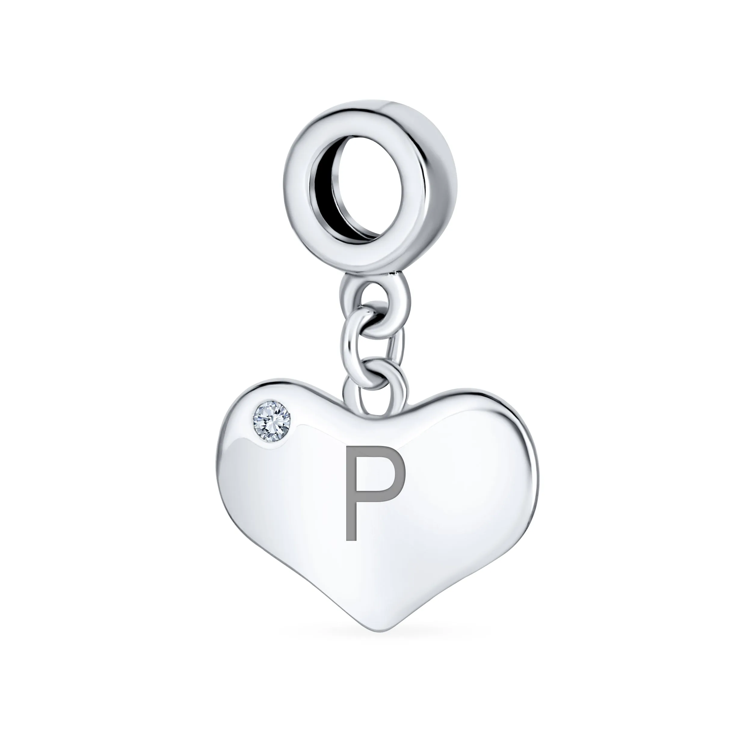 Initial Alphabet Bead Charm Heart Crystal Dangle for Sterling Silver Bracelet