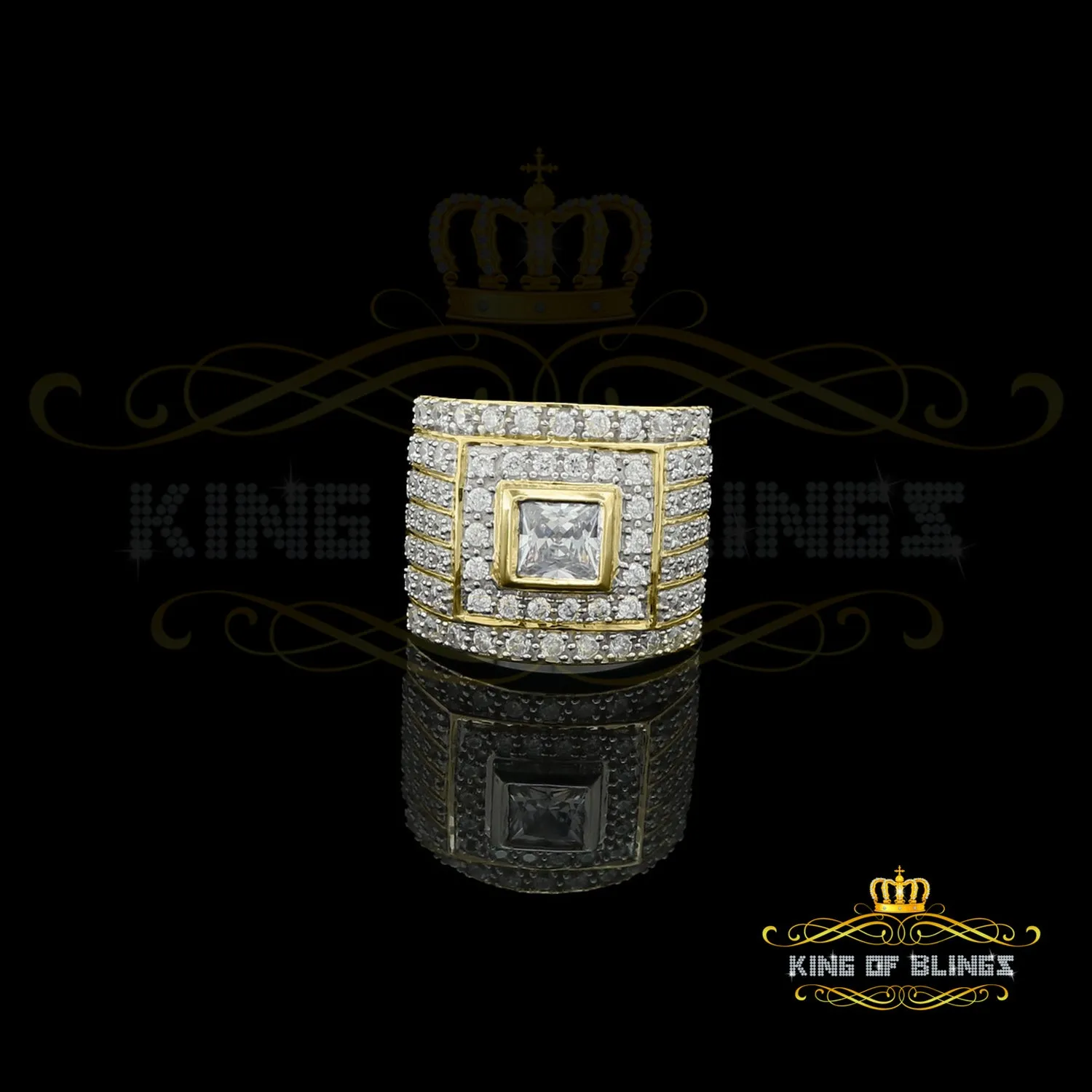 King Of Bling's 925 Sterling Yellow Silver Square 5.25ct Cubic Zirconia Fancy Men's Ring Size 10