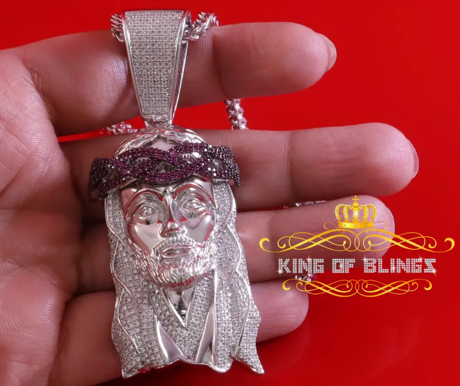 King Of Bling's Silver with Pink Jesus Head Shape Pendant 4.98ct Cubic Zirconia