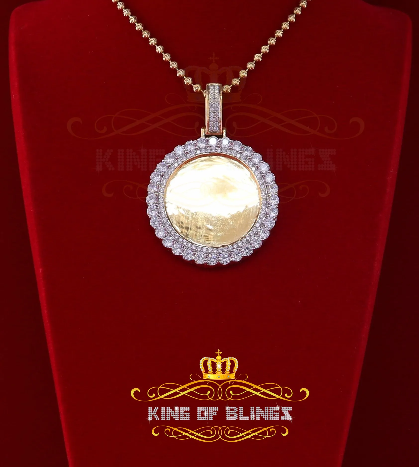 King of Bling's Yellow 1.75" Picture Round Pendant 925 Sterling Silver 15.09ct Cubic Zirconia