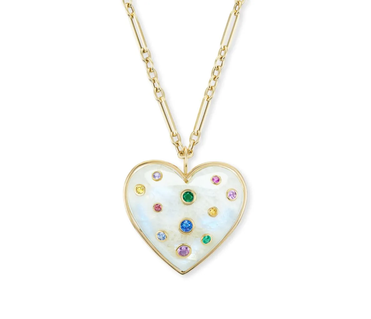 Large Puff Heart Pendant with Rainbow Moonstone and Multi-Colored Sapphire Insets