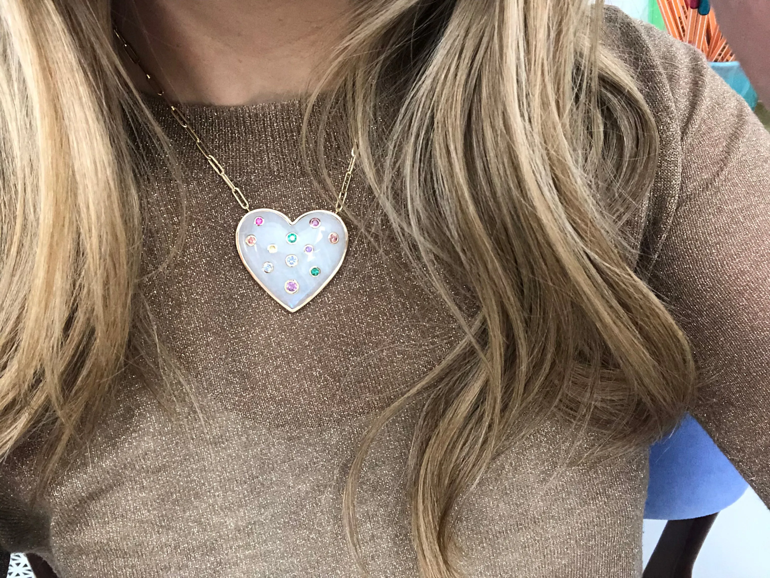 Large Puff Heart Pendant with Rainbow Moonstone and Multi-Colored Sapphire Insets