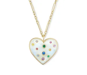 Large Puff Heart Pendant with Rainbow Moonstone and Multi-Colored Sapphire Insets