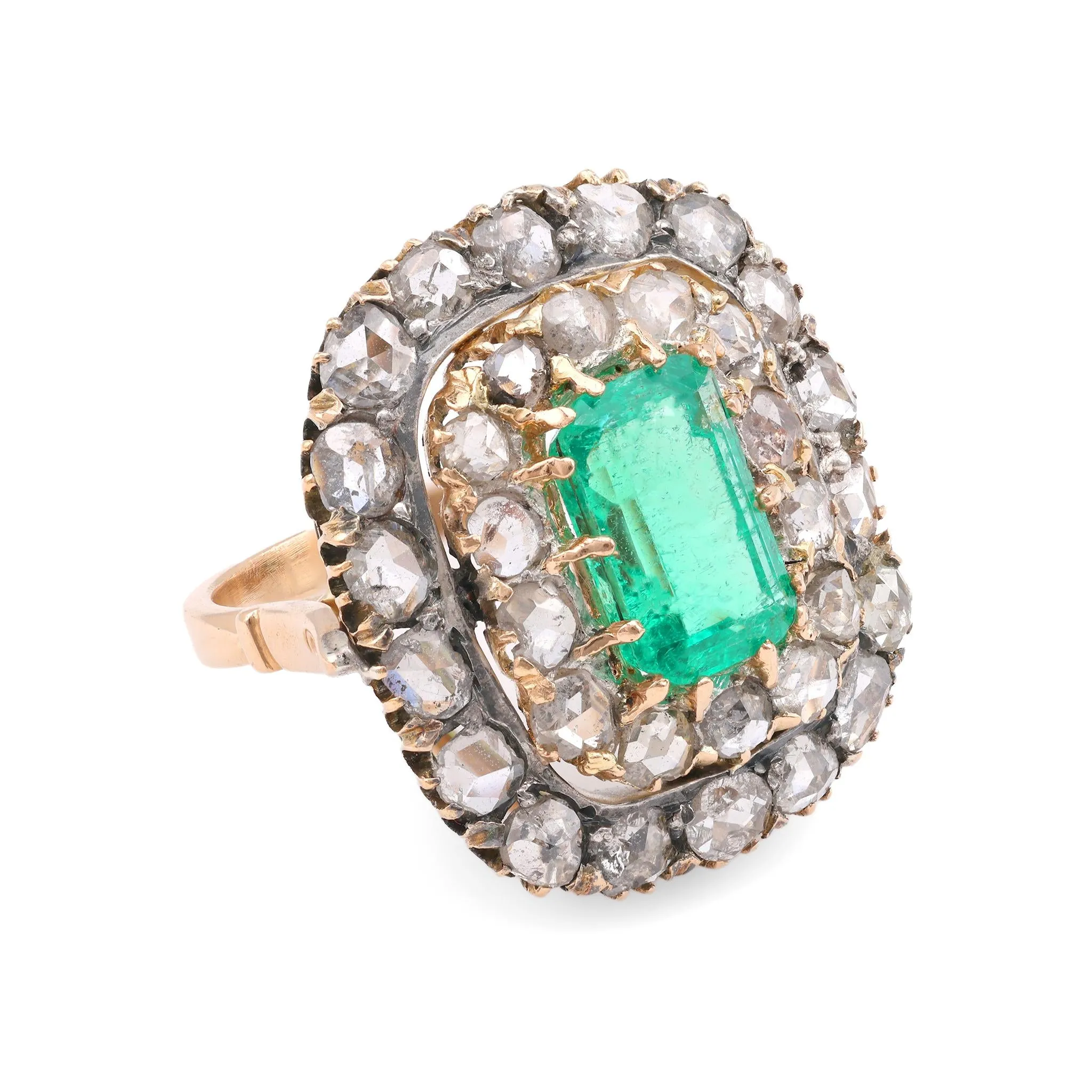 Late Victorian GIA Colombian Emerald Diamond Yellow Gold Cocktail Ring