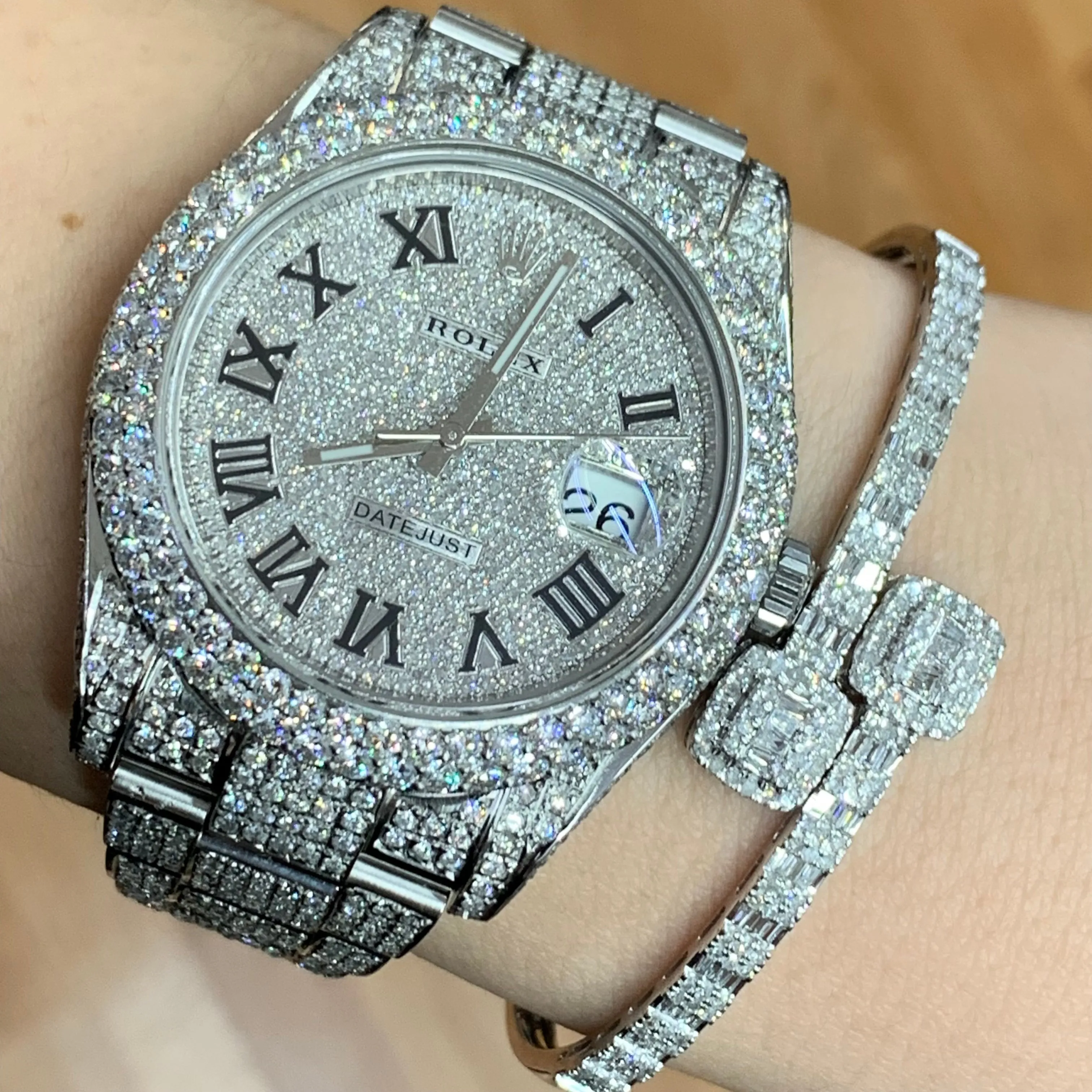 Model: 116334 41mm Iced out Rolex Datejust 2 Oyster Band   Gold and Diamond Twin Square Bracelet   14k Gold and Diamond Ring   Gold and Diamond Earrings   Gift from MTJ