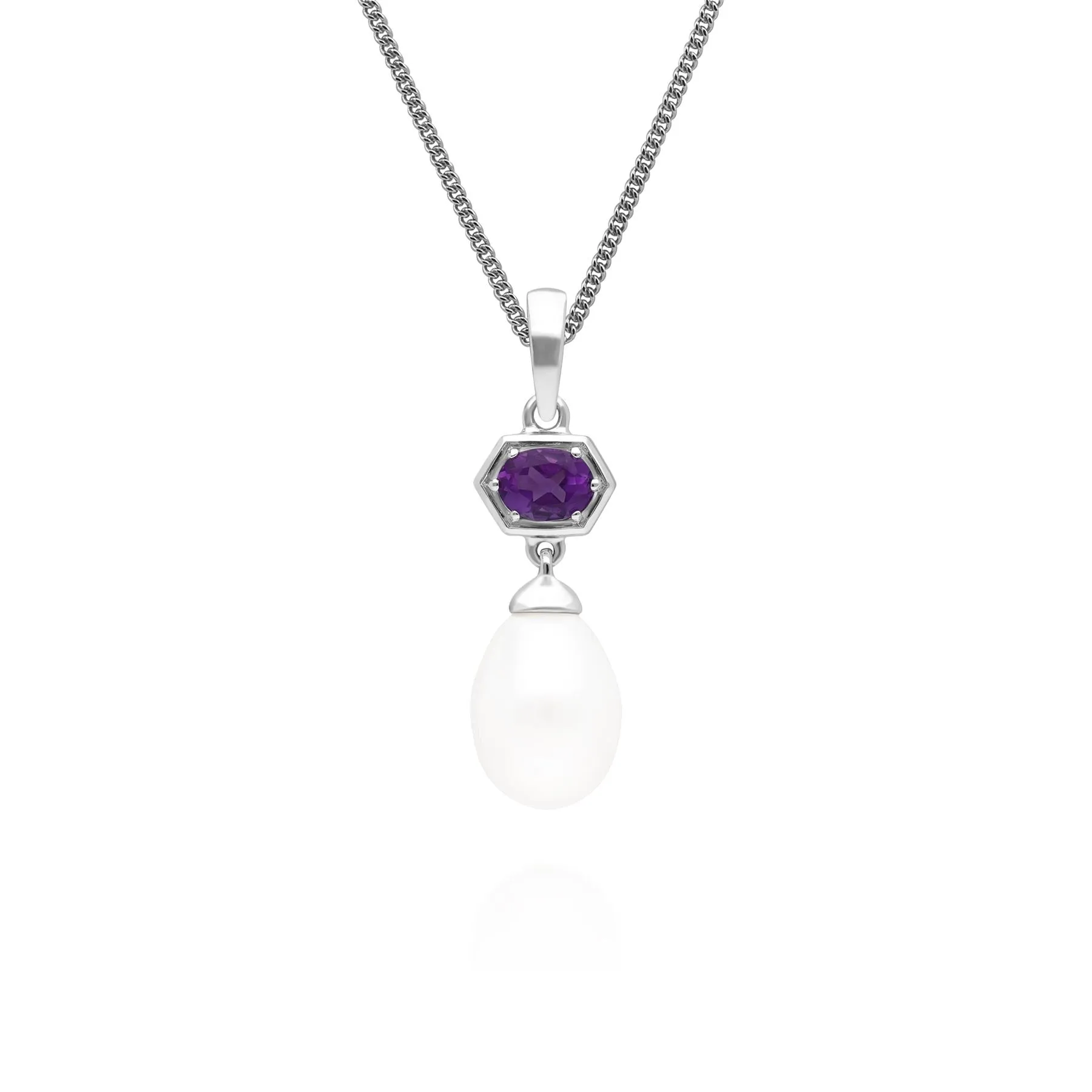 Moderne Perle & Amethyst Hexagon Tropfen Halskette in 925 Sterling Silber