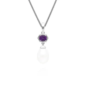 Moderne Perle & Amethyst Hexagon Tropfen Halskette in 925 Sterling Silber