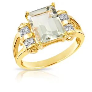 Natural Light Green Amethyst Gemstone Ring, 14k Gold Ring with  Natural Diamonds