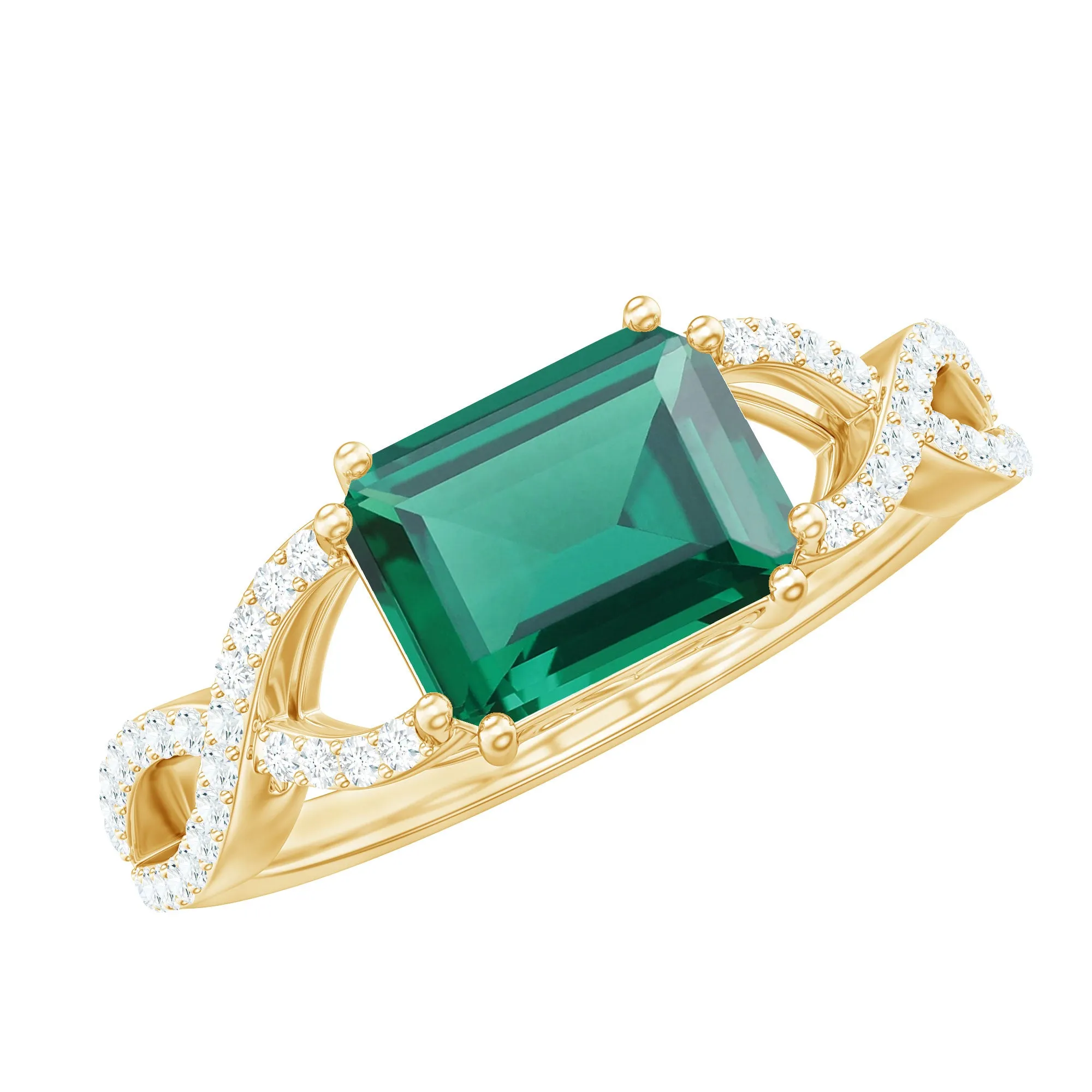 Octagon Created Emerald East-West Crossover Ring with Diamond