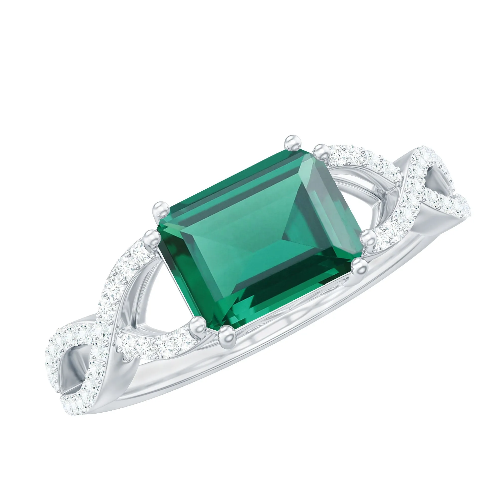 Octagon Created Emerald East-West Crossover Ring with Diamond