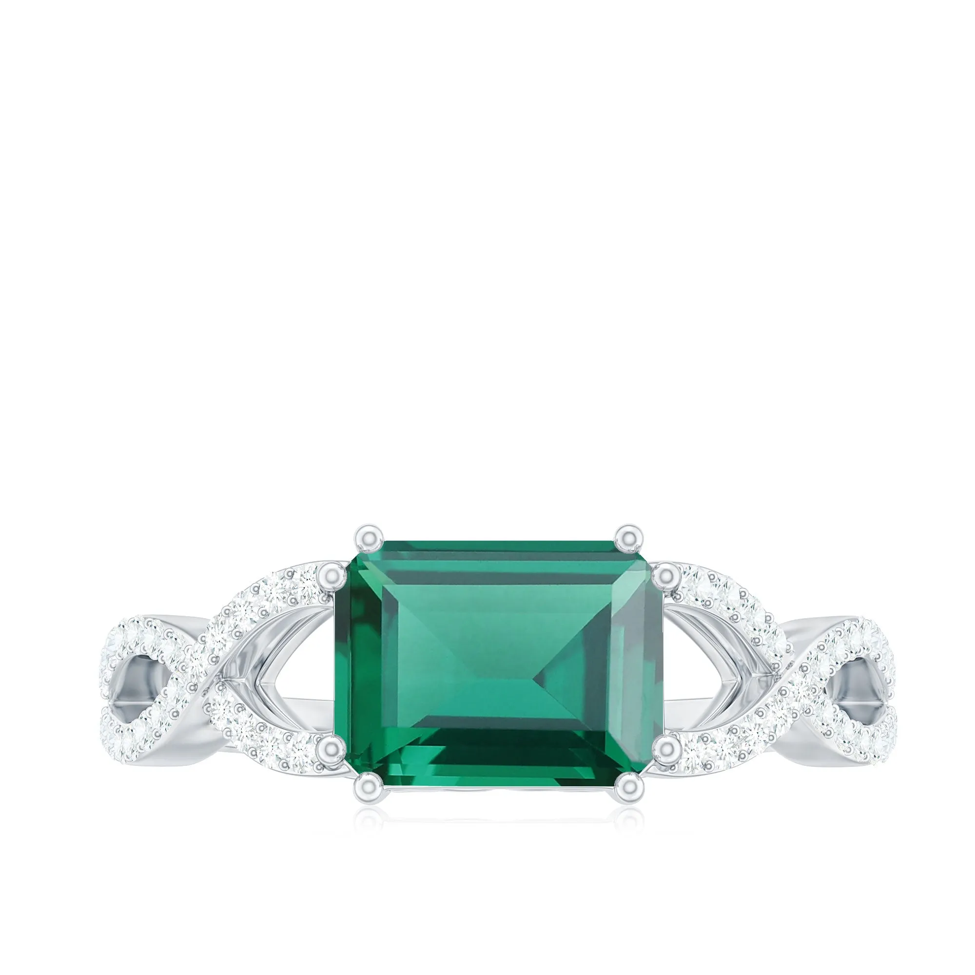 Octagon Created Emerald East-West Crossover Ring with Diamond