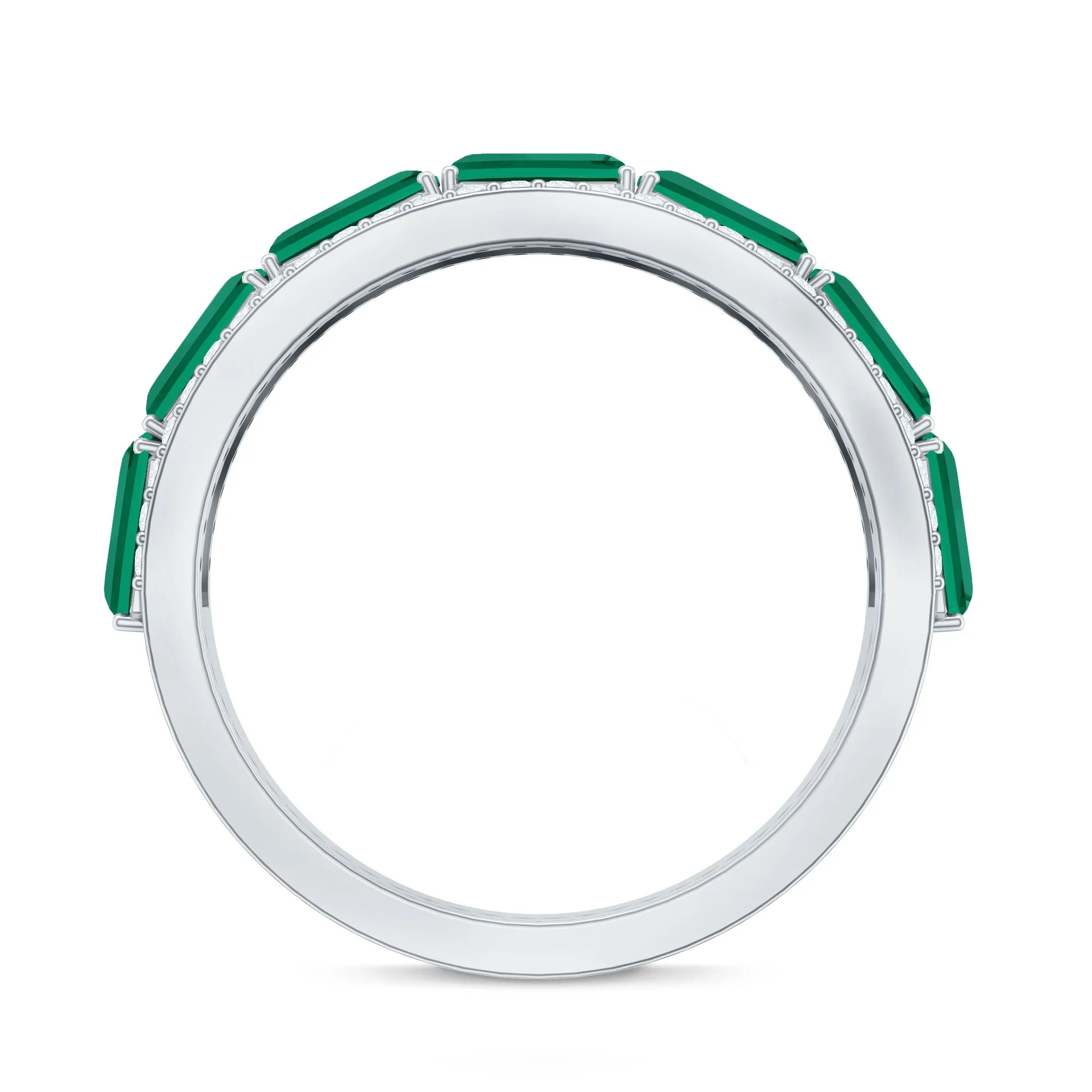 Octagon Cut Created Emerald and Diamond East West Half Eternity Band