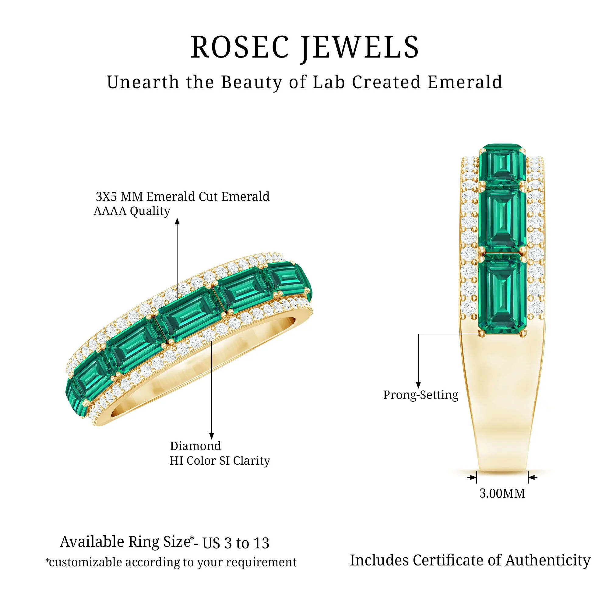 Octagon Cut Created Emerald and Diamond East West Half Eternity Band