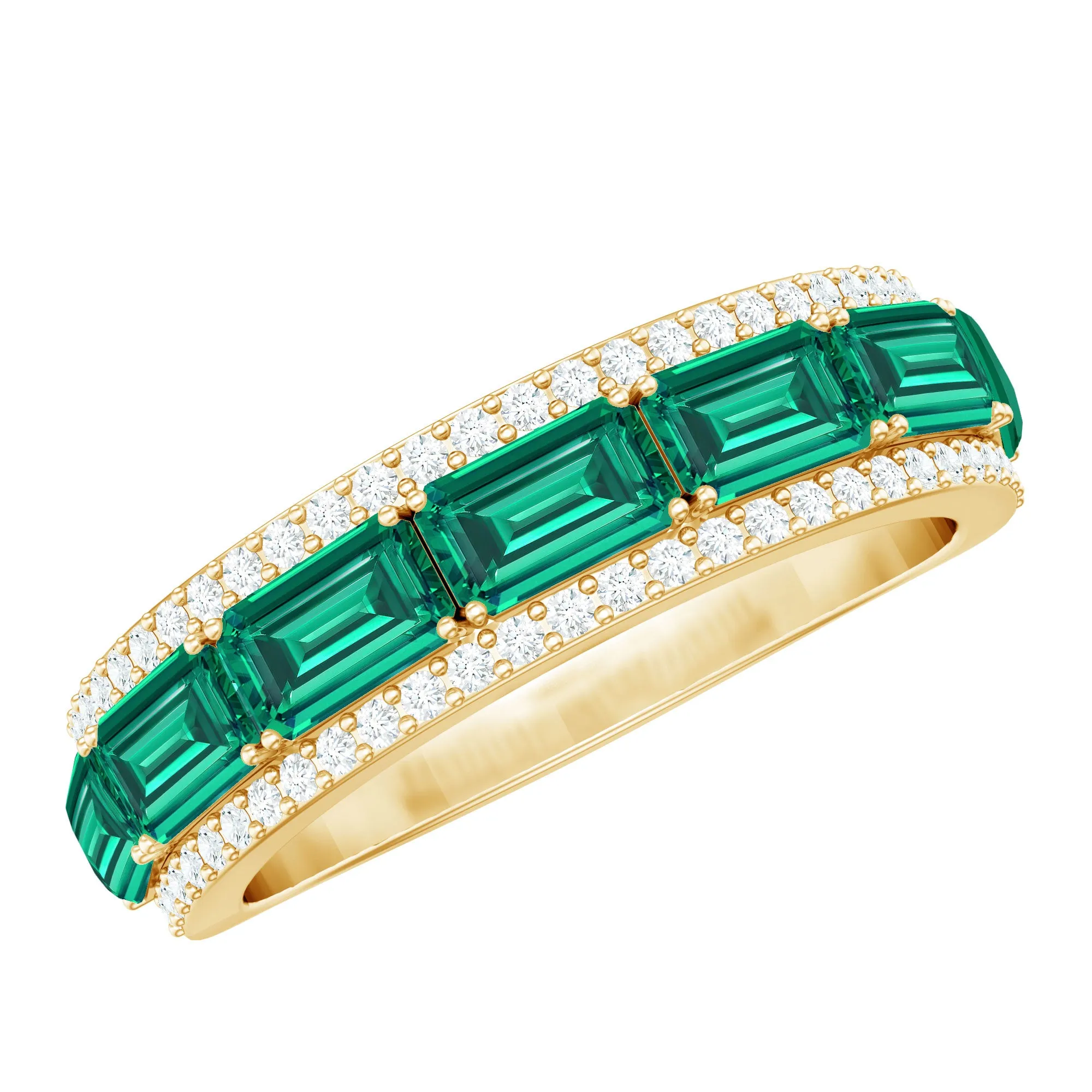 Octagon Cut Created Emerald and Diamond East West Half Eternity Band