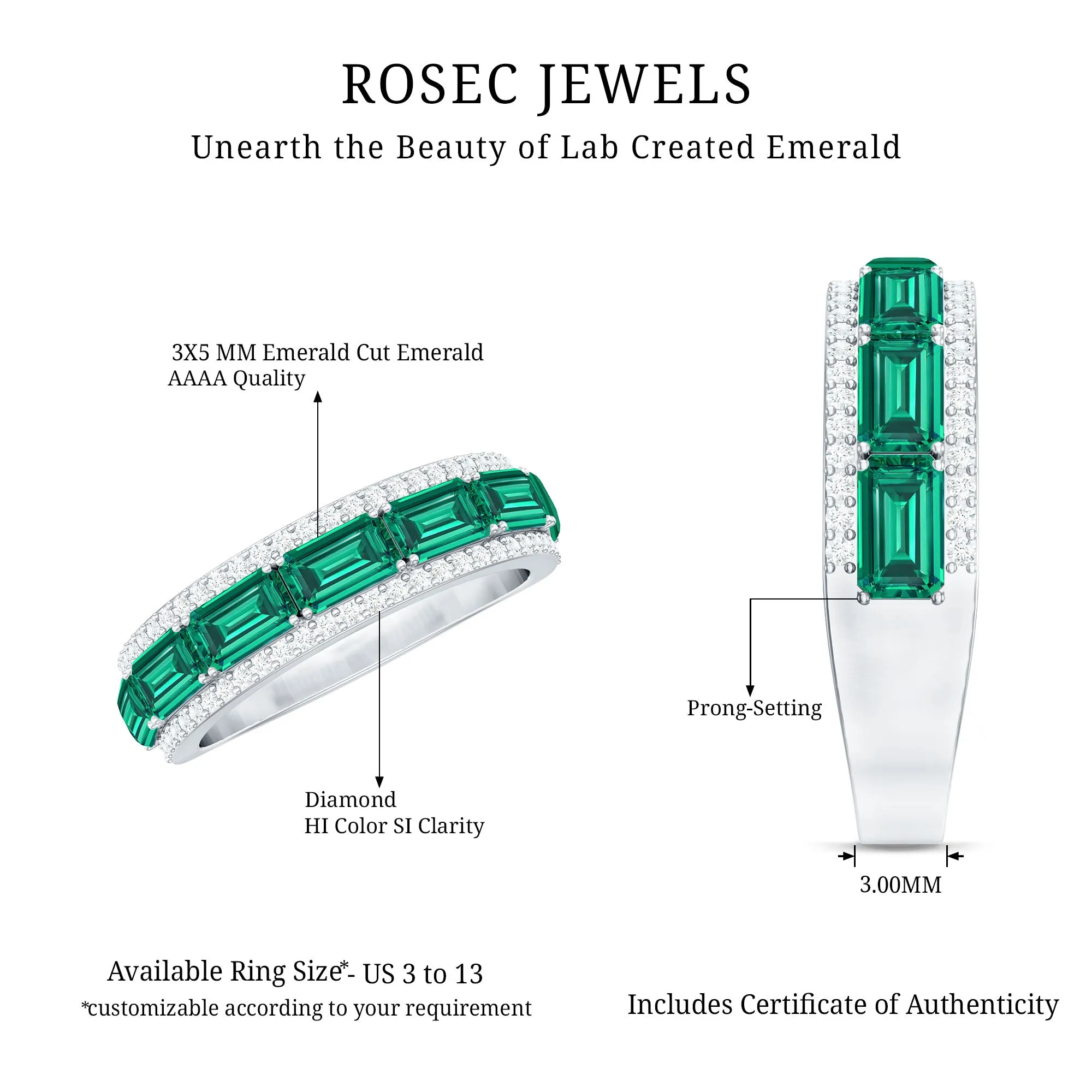 Octagon Cut Created Emerald and Diamond East West Half Eternity Band