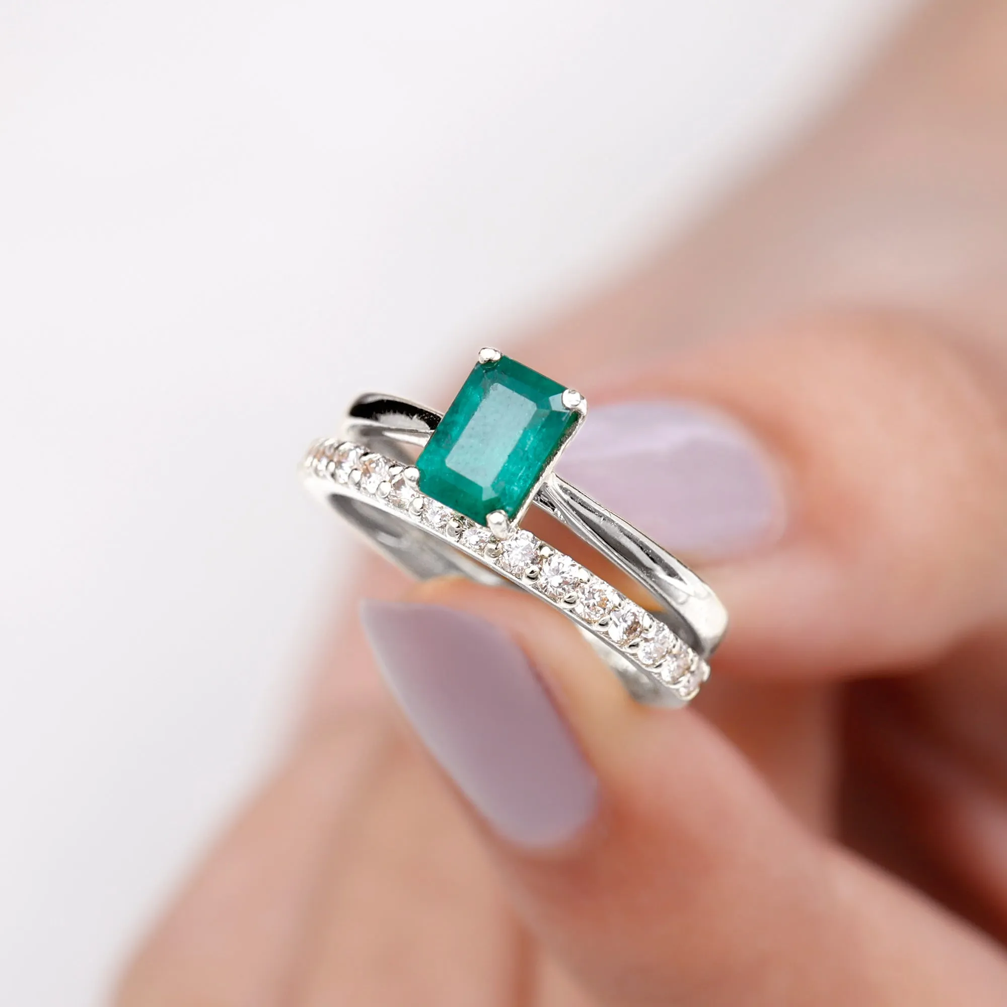 Octagon cut Lab Grown Emerald Solitaire Ring Set with Moissanite