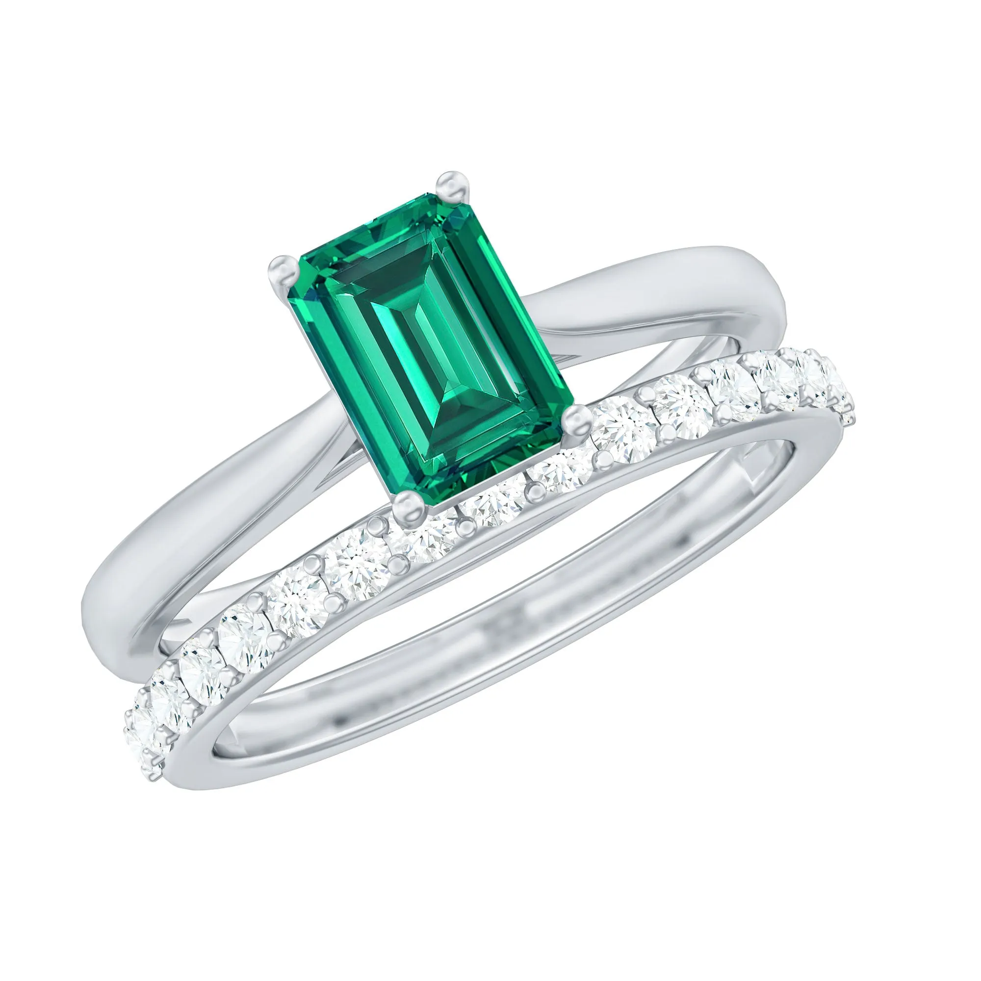 Octagon cut Lab Grown Emerald Solitaire Ring Set with Moissanite