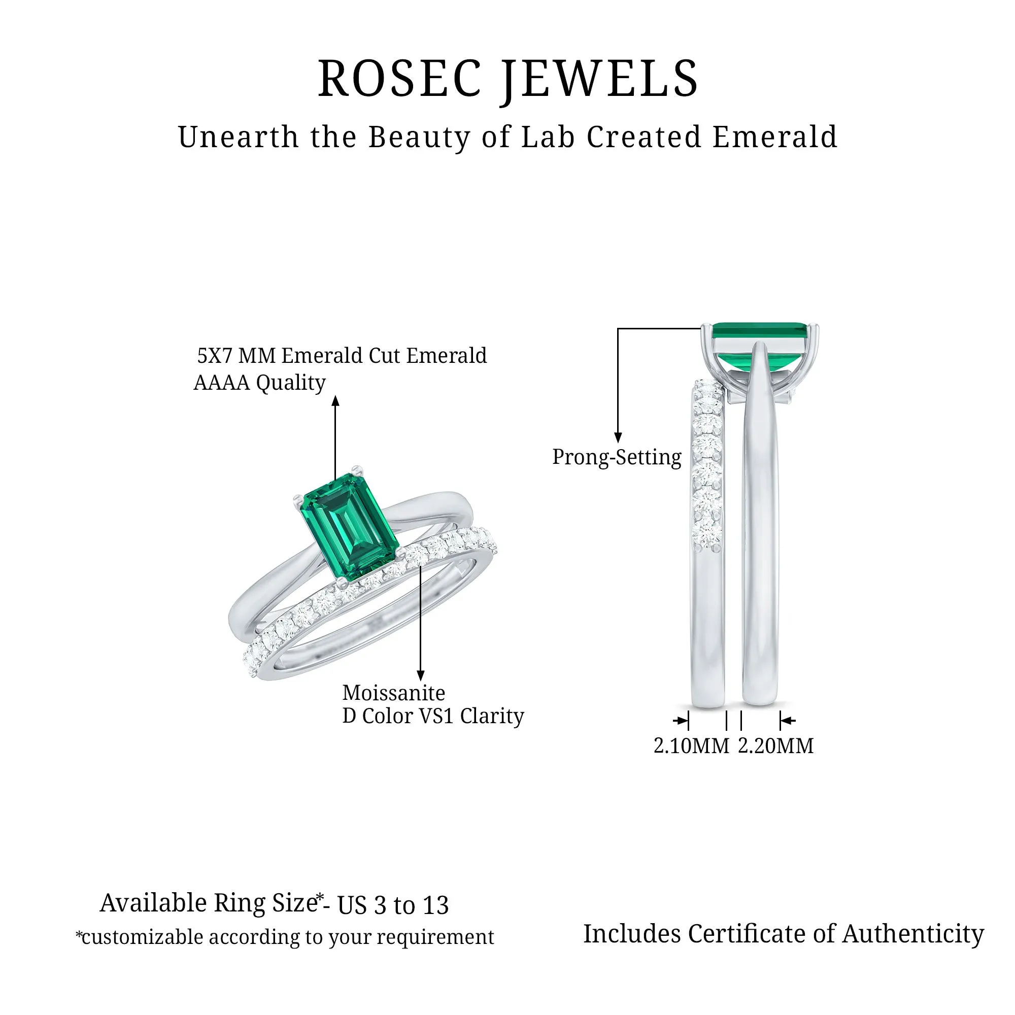 Octagon cut Lab Grown Emerald Solitaire Ring Set with Moissanite