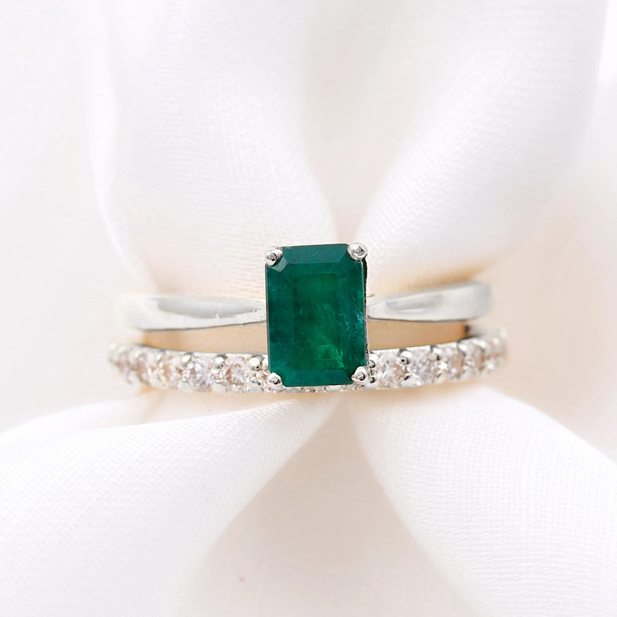 Octagon cut Lab Grown Emerald Solitaire Ring Set with Moissanite