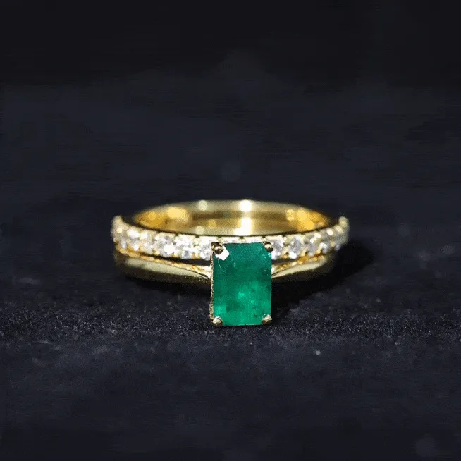 Octagon cut Lab Grown Emerald Solitaire Ring Set with Moissanite