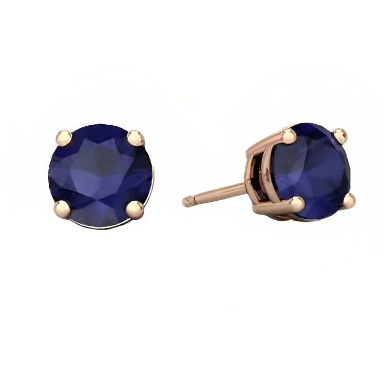 Paris Jewelry 18k Rose Gold 2 Pair Created Blue Sapphire 4mm, 6mm Round & Princess Cut Stud Earrings Plated