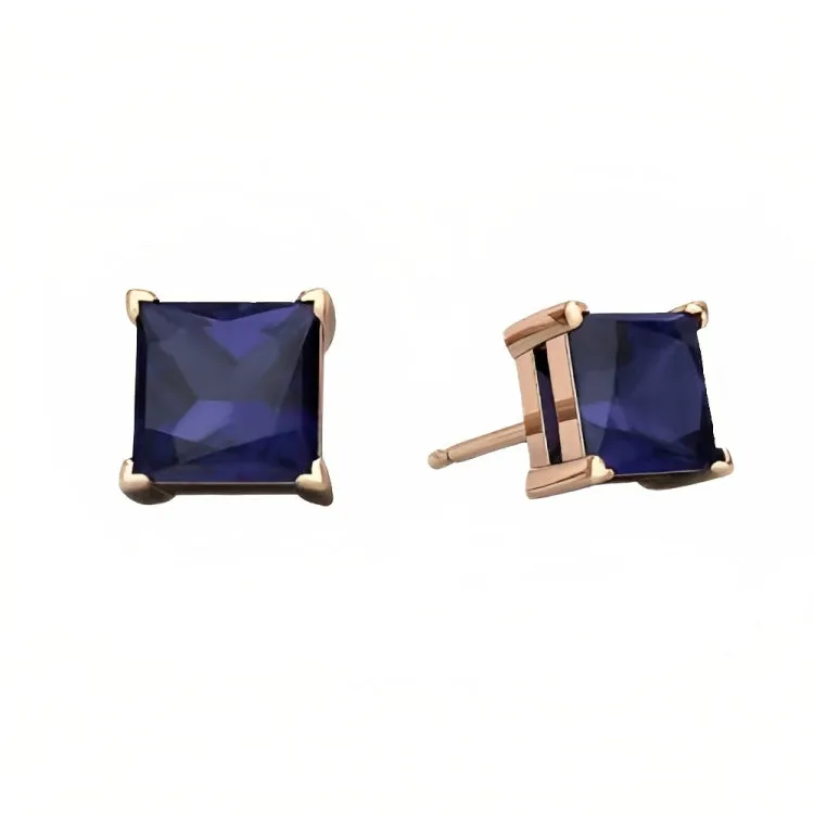 Paris Jewelry 18k Rose Gold 2 Pair Created Blue Sapphire 4mm, 6mm Round & Princess Cut Stud Earrings Plated