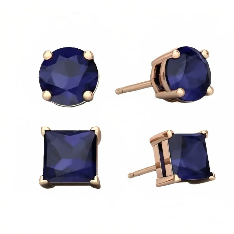 Paris Jewelry 18k Rose Gold 2 Pair Created Blue Sapphire 4mm, 6mm Round & Princess Cut Stud Earrings Plated