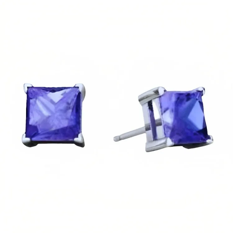 Paris Jewelry 18k White Gold 2 Pair Created Tanzanite 6mm Round & Princess Cut Stud Earrings Plated