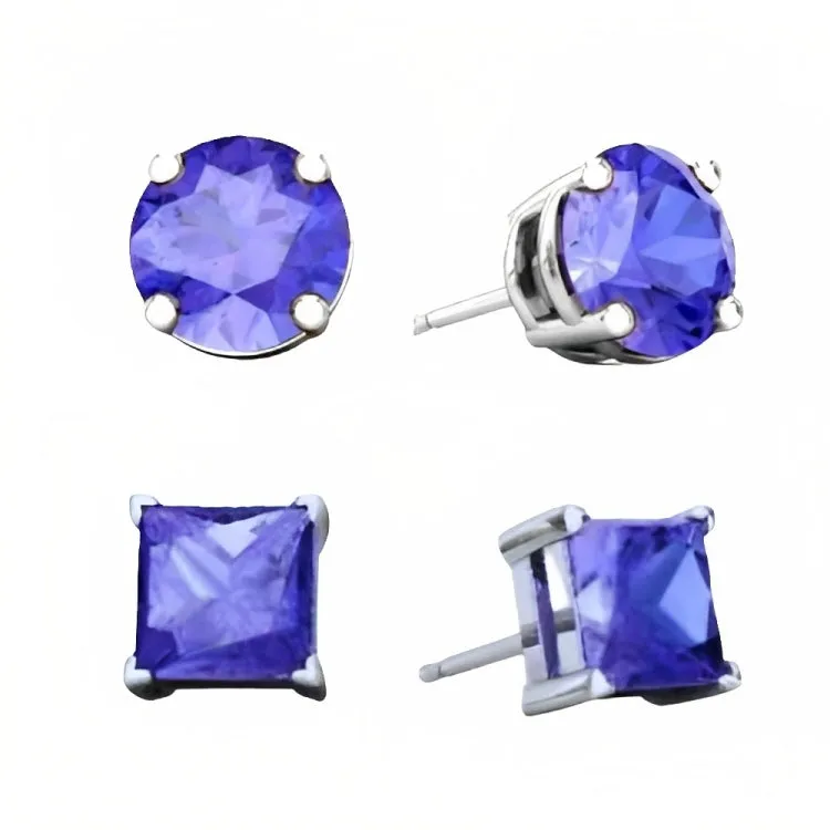 Paris Jewelry 18k White Gold 2 Pair Created Tanzanite 6mm Round & Princess Cut Stud Earrings Plated