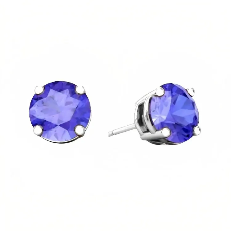 Paris Jewelry 18k White Gold 2 Pair Created Tanzanite 6mm Round & Princess Cut Stud Earrings Plated