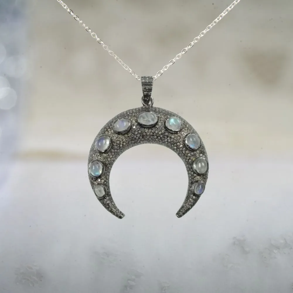 Pave Diamond Crescent Silver Pendant