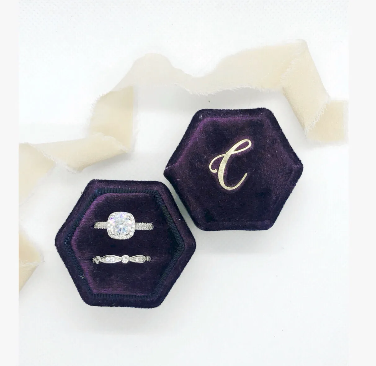 Plum Purple Velvet Hexagon Ring Box