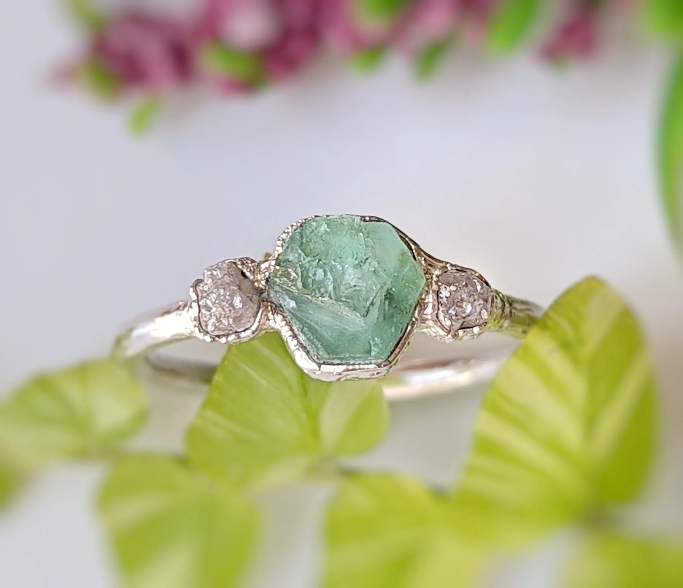 Raw Emerald & rough diamond ring