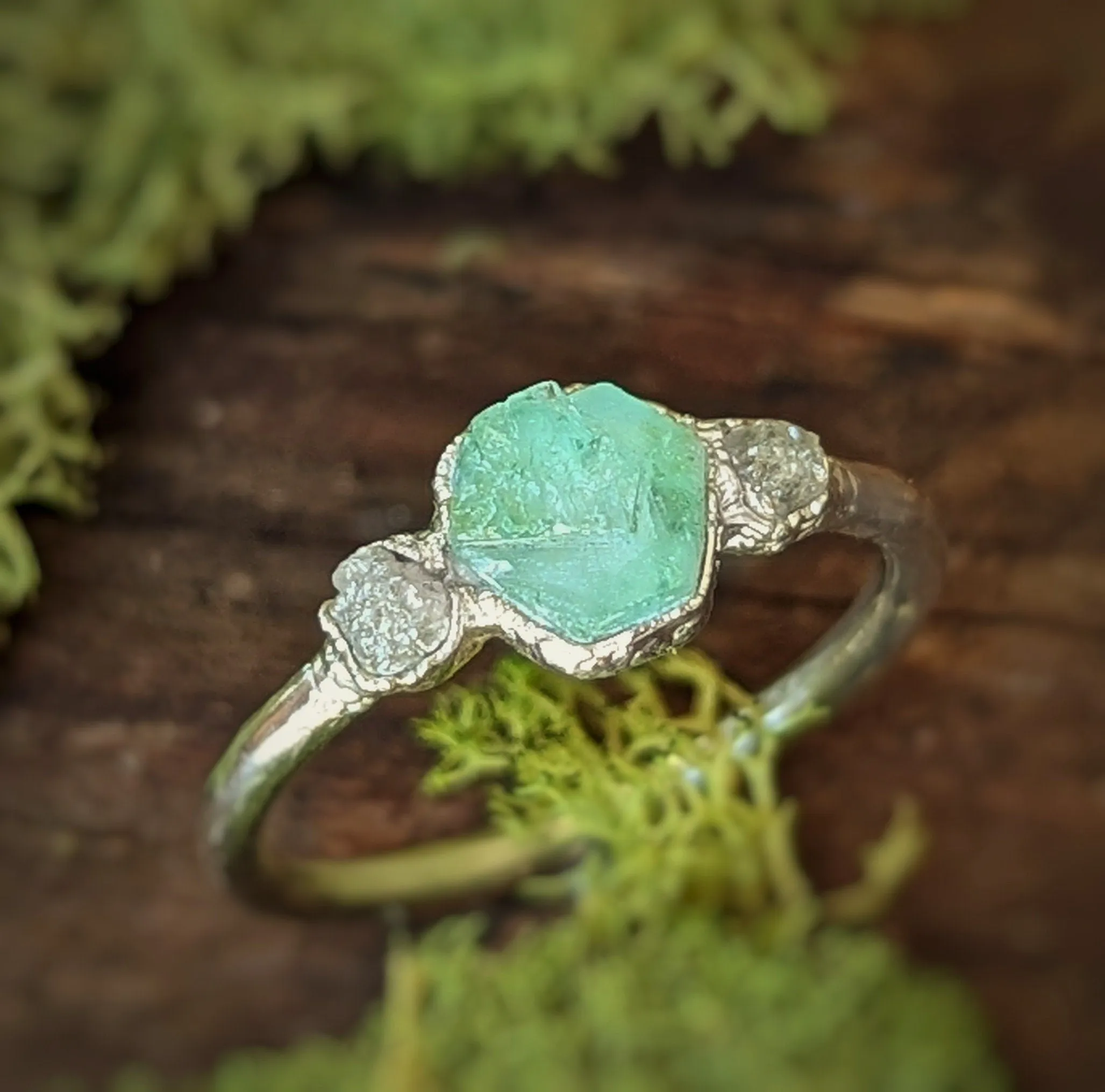 Raw Emerald & rough diamond ring