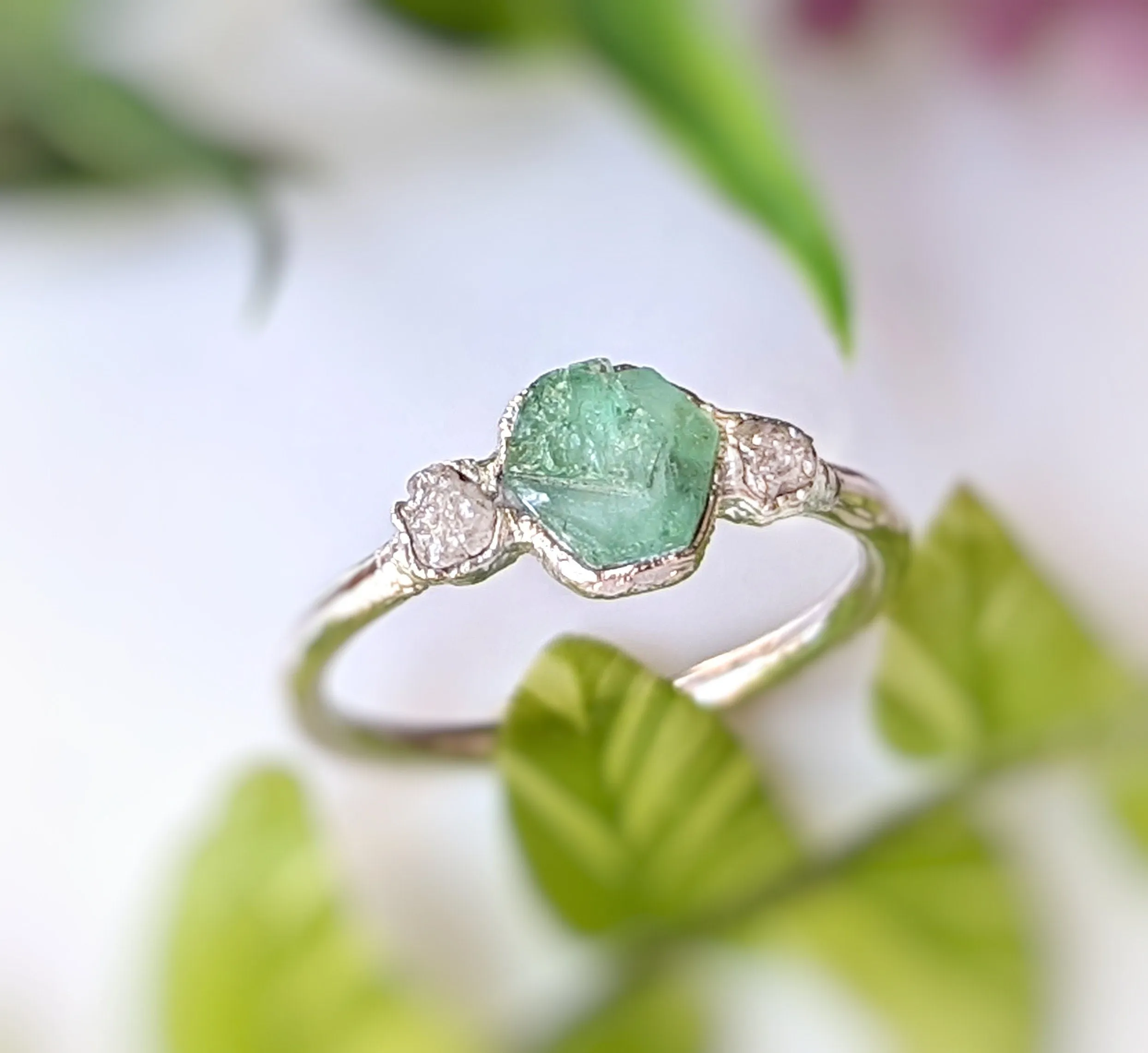 Raw Emerald & rough diamond ring