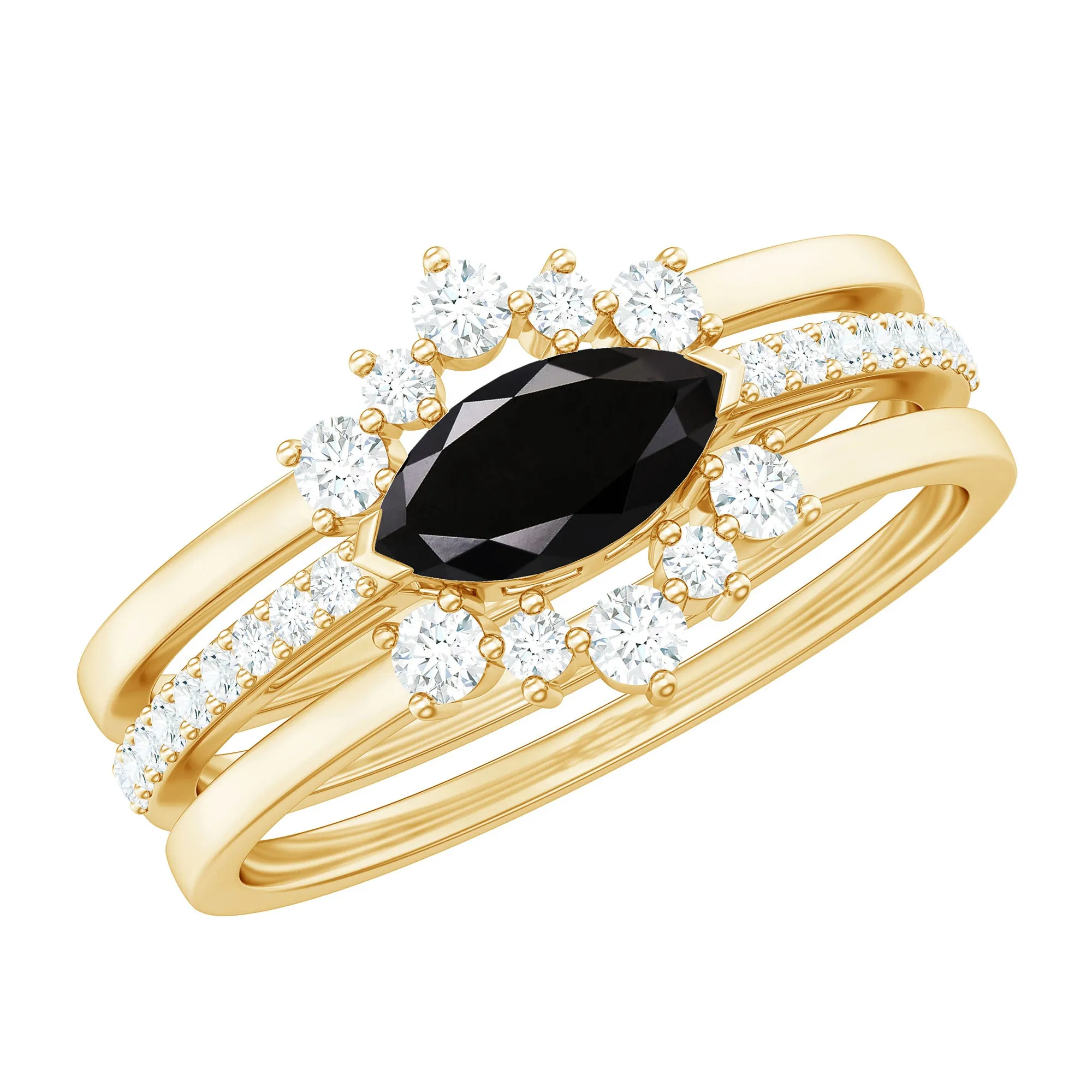 Real Black Spinel Ring Set with Diamond Stones