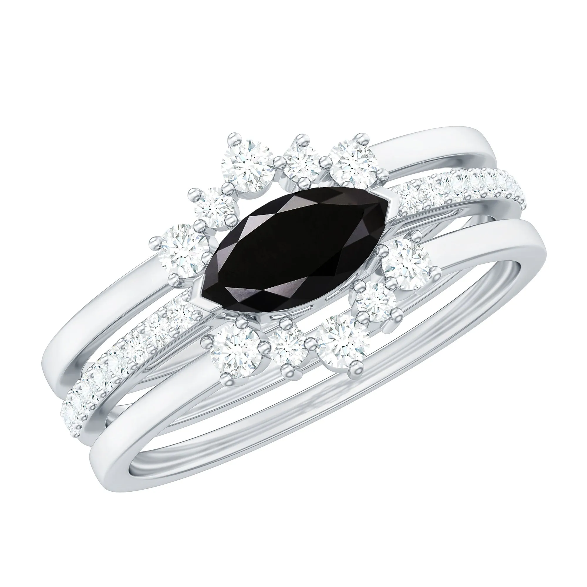 Real Black Spinel Ring Set with Diamond Stones