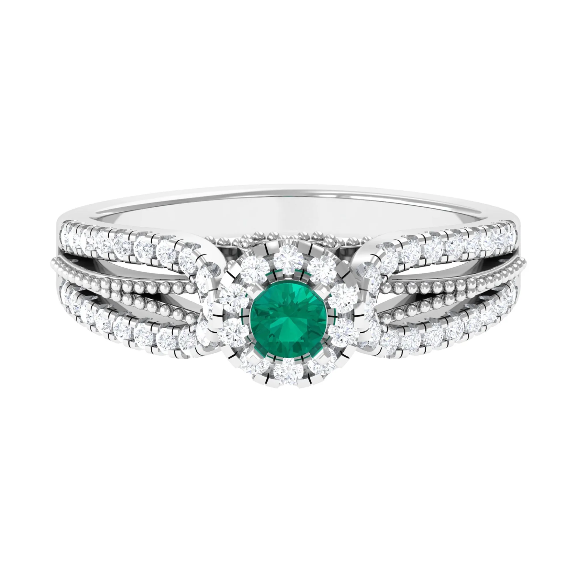 Real Emerald and Diamond Designer Engagement Ring in Split Shank